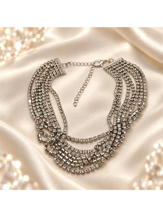 Jewelry - Silver Tone 7 Row Clear Rhinestone Tennis Bib Collar Necklace Statement 17 In